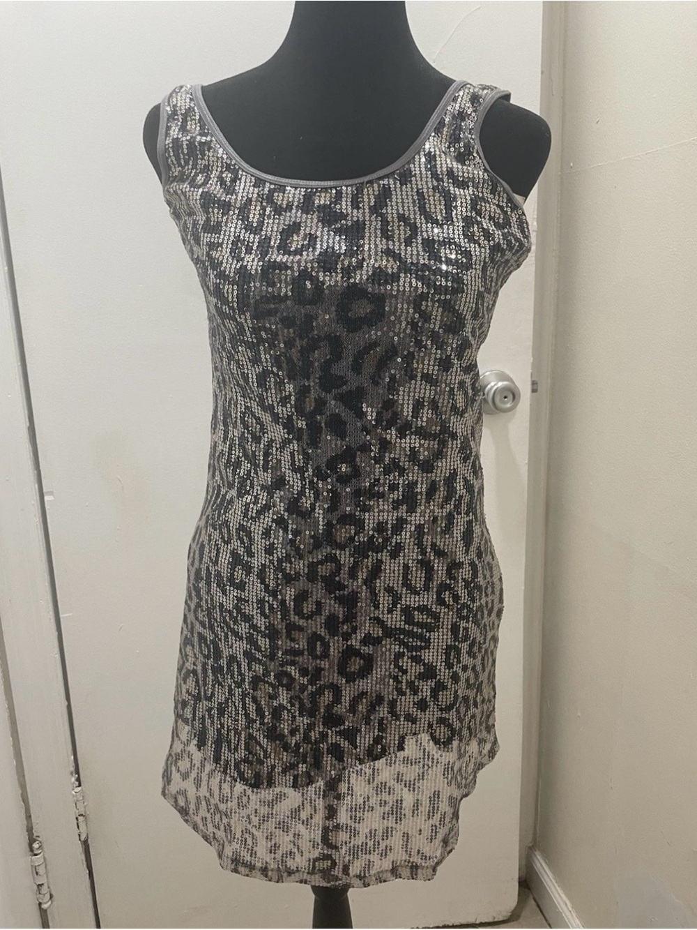 Pink Rose Black and Silver Sequin Leopard Mini Dress